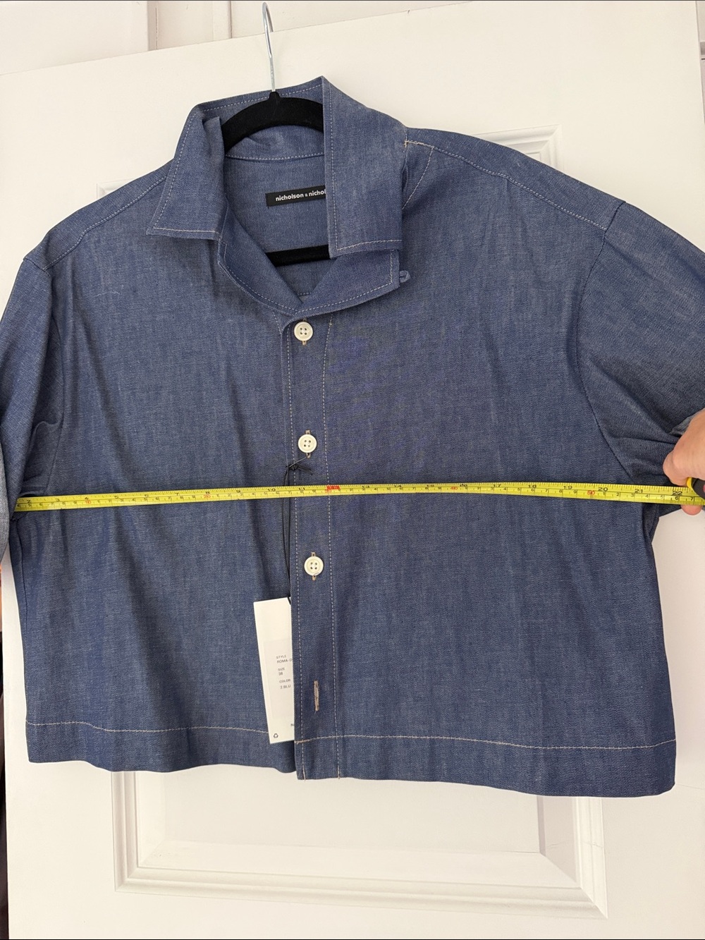 NET Nicholson & Nicholson made in Japan cropped Blue Denim Button-Down Shirt - Picture 5 of 6